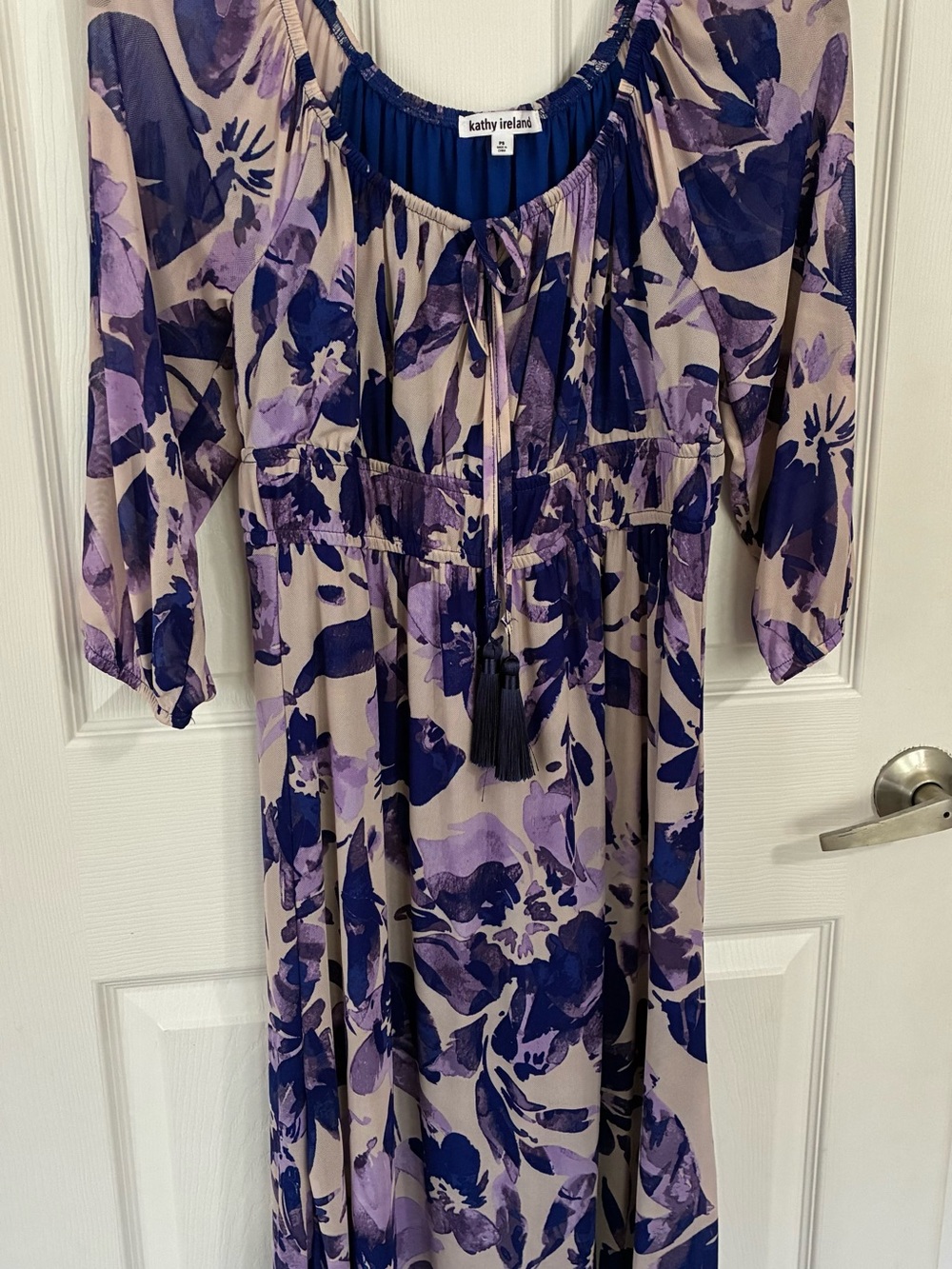 Kathy Ireland Lavender Navy Floral Maxi Dress Tie Front Petite Small PS